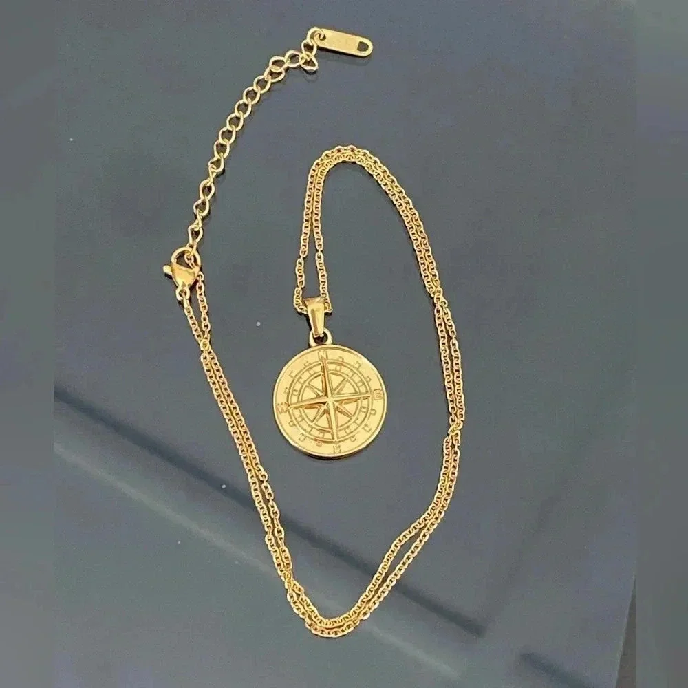 Compass Travel Waterproof 316L Stainless Steel in 18k Gold Necklace